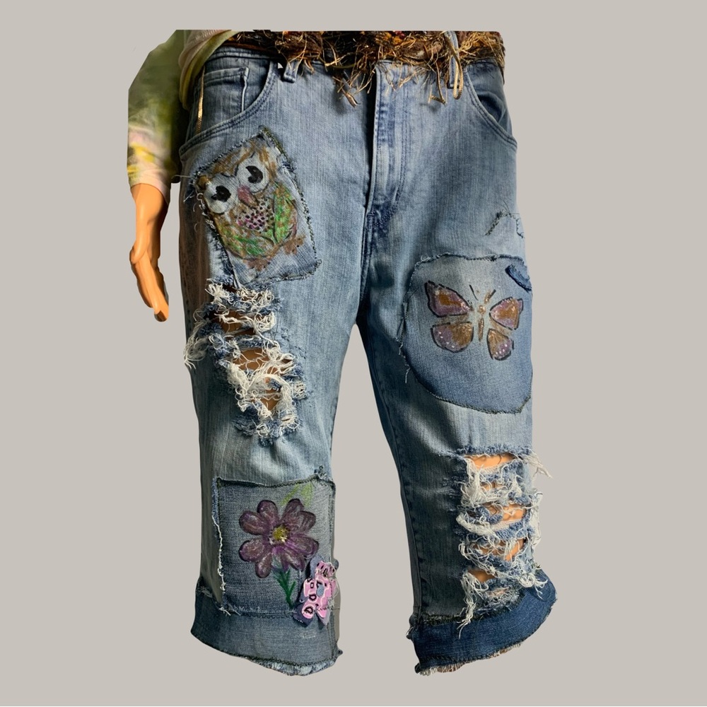 Homemade Patched Up Upcycled Blue Denim Cutoff Shorts - Picture 3 of 13